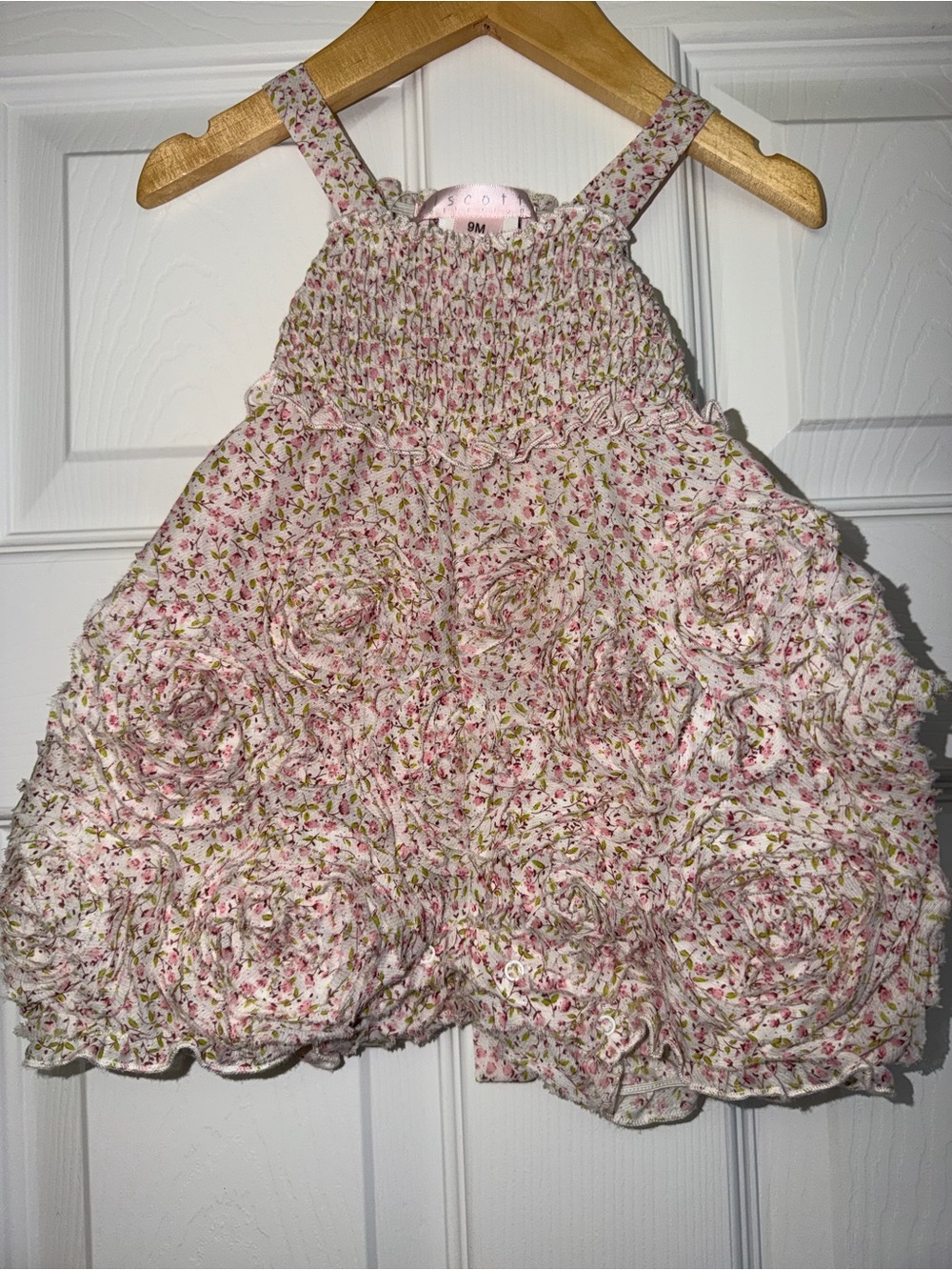 NWT Biscotti Baby Meadowsweet Floral Rosette Romper 9M Pink Smocked